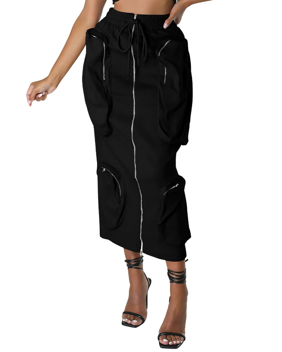 ebossy Women's Vintage 90s Drawstring Stretchy Zipper Muti-Pockets Pencil Long Cargo Skirt