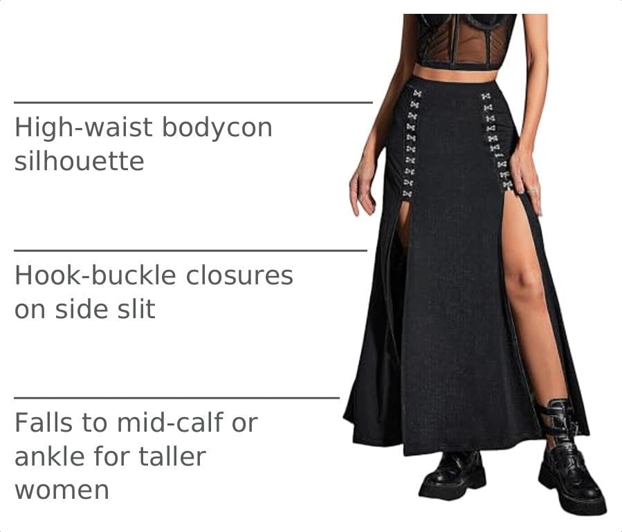 Women's Black Maxi Skirt with Double Side Slit & Hook-Buckles