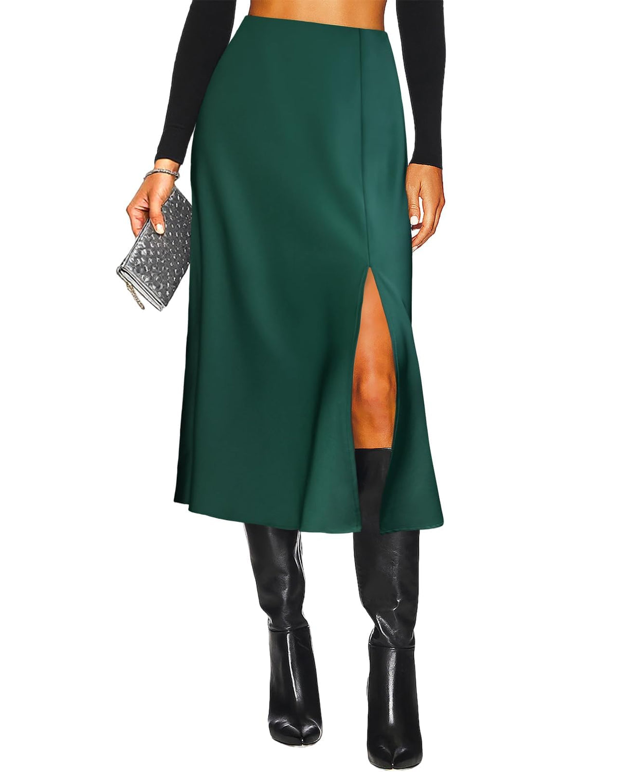 Women's Slit Satin Midi Skirt High Waisted Leopard Silk Long Skirts