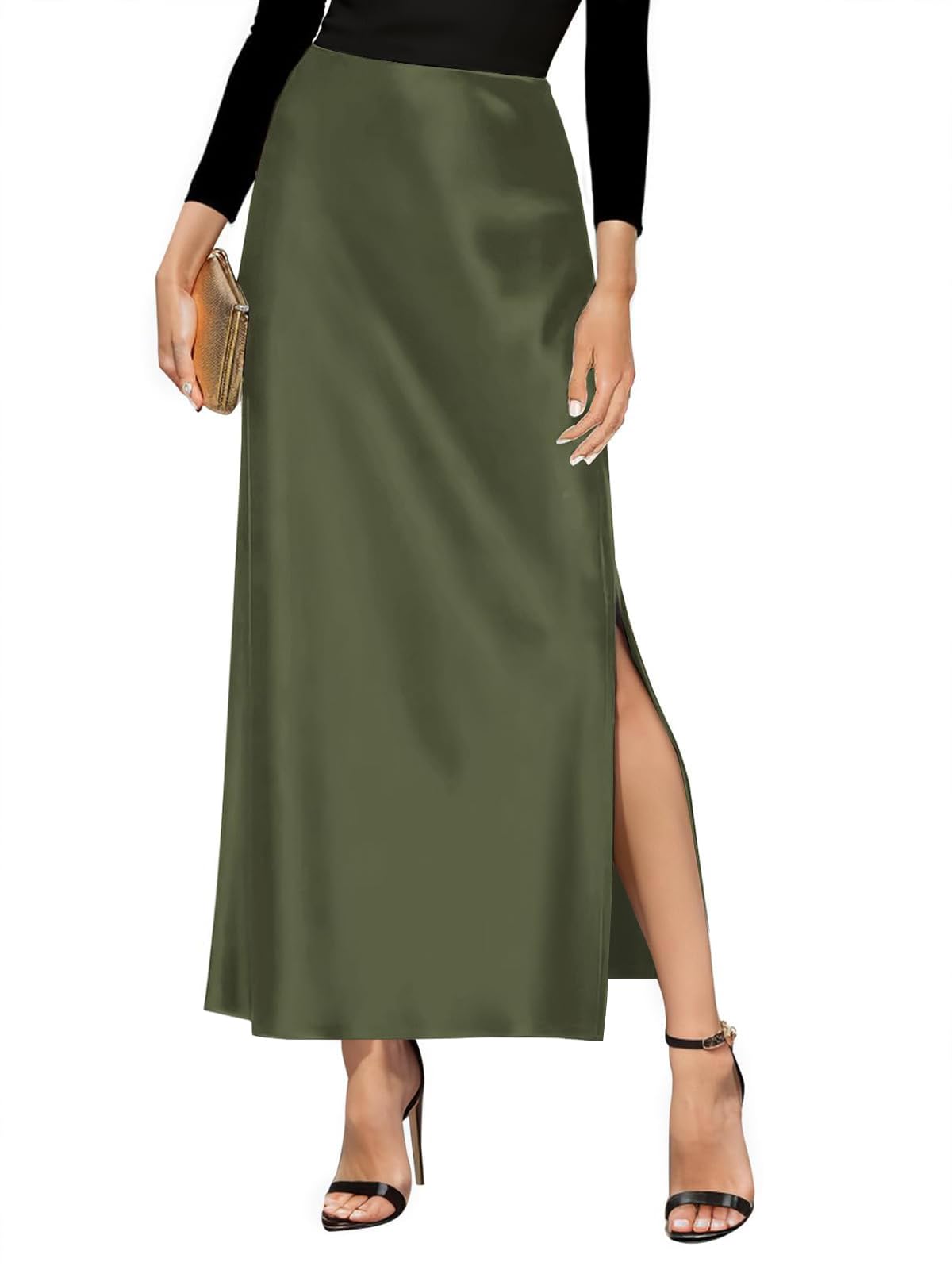 Amy Babe Women's Satin High Waisted Side Split Maxi Skirt Long Silk Skirts