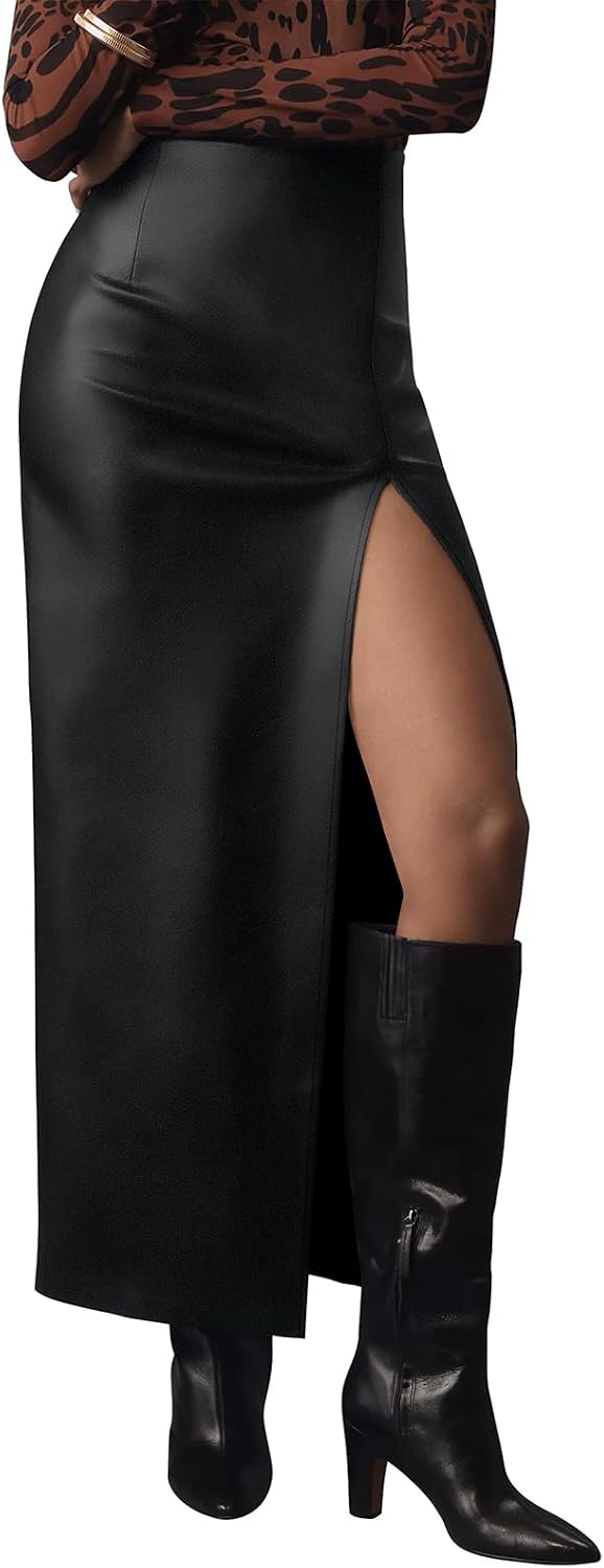 LILLUSORY Womens Faux Leather Maxi Skirts High Waisted Slit