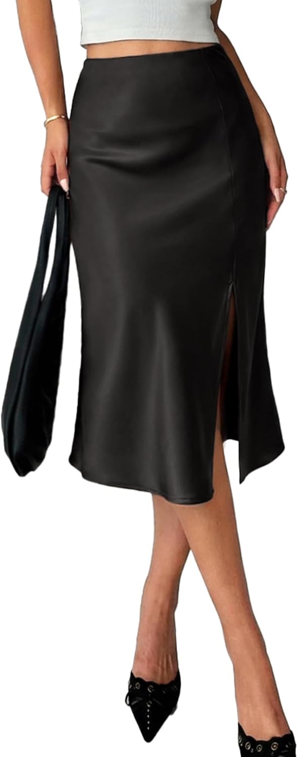 ELLEVEN Women's Satin Midi Skirt, Elegant Slit Slip Skirt