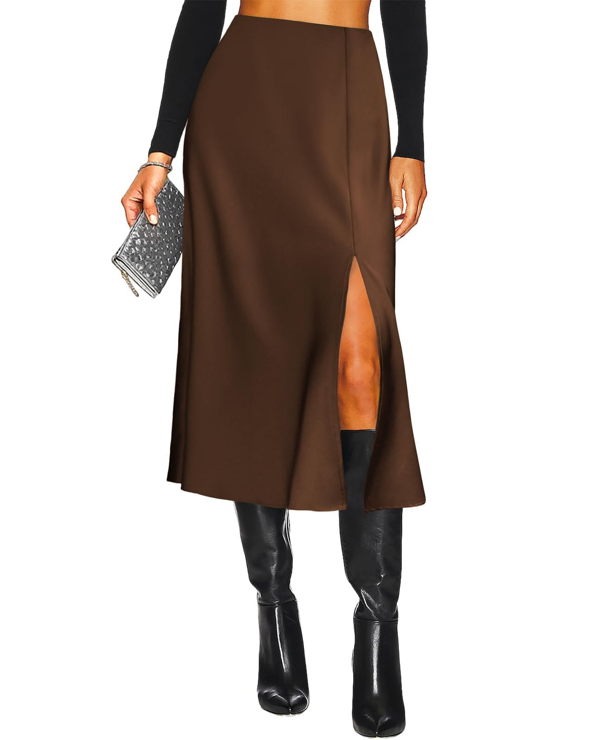 Women's Slit Satin Midi Skirt High Waisted Leopard Silk Long Skirts