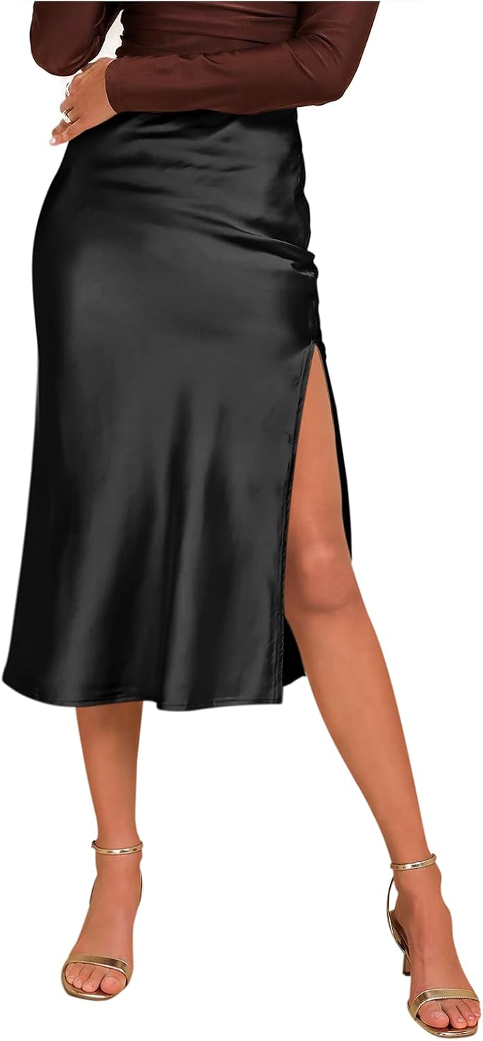 Women's Satin Midi Skirt, High Waist Side Slit Elegant Silk Skirts