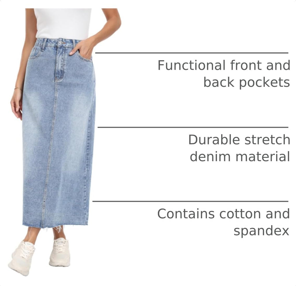 MISS MOLY Women's Jean Skirt Stretch High Waisted Frayed Raw Hem A Line Denim Midi Skirt with Pockets