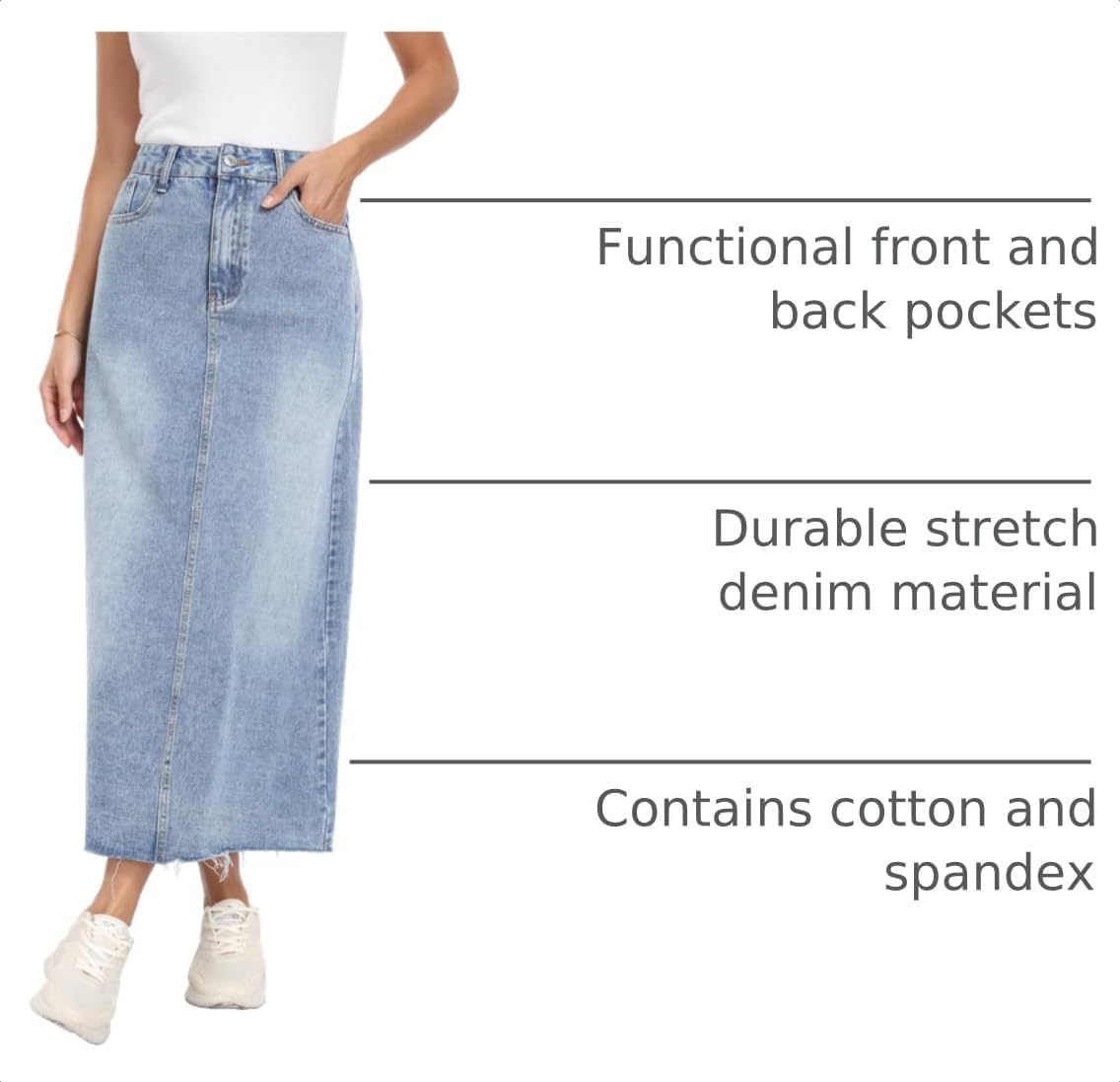 MISS MOLY Women's Jean Skirt Stretch High Waisted Frayed Raw Hem A Line Denim Midi Skirt with Pockets
