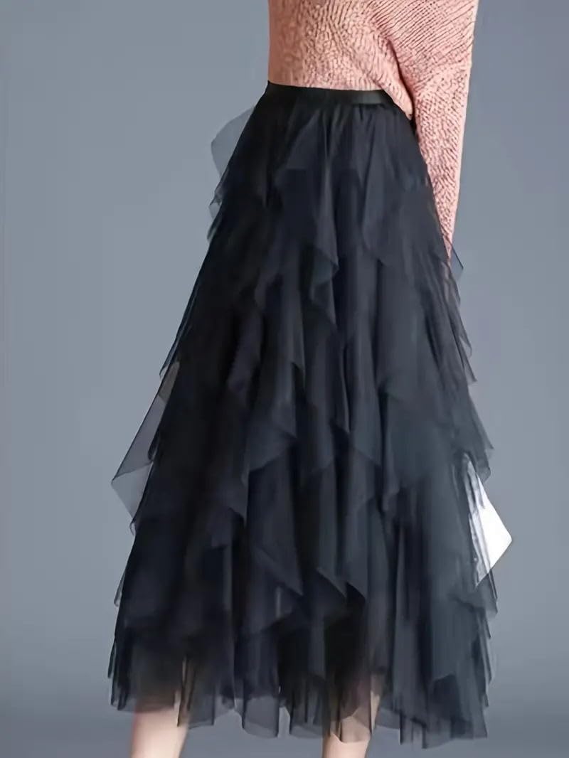 Womens One Size Skirt Mesh Layered Hem Fluffy Multilayer Tiered Puffy Ruffles Tulle (Midi Pink)
