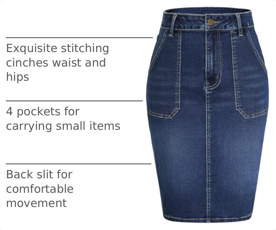 Belle Poque Women's Denim Skirt Stretchy High Waisted Below Knee Length Jean Skirt with Pockets Spring Summer Trendy 2026