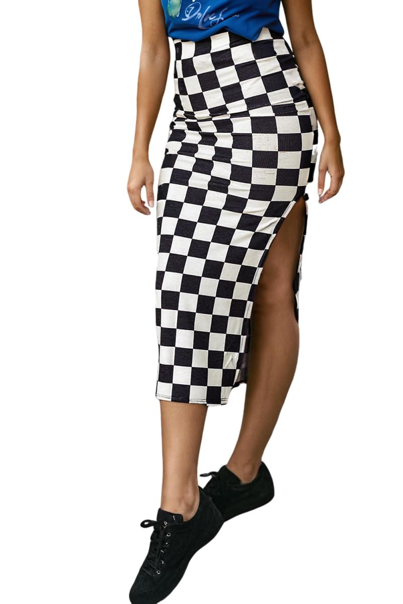 EARKOHA Womens Checkered Slit Midi Skirt Summer Fall Bodycon Long Skirts