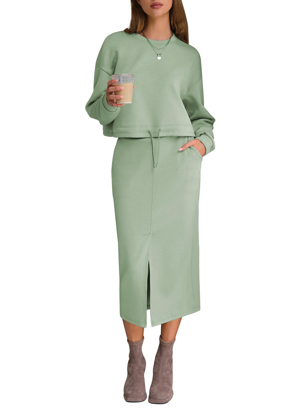 EXLURA Women Fall 2 Piece Skirts Set with Pockets Trendy Matching Outfit