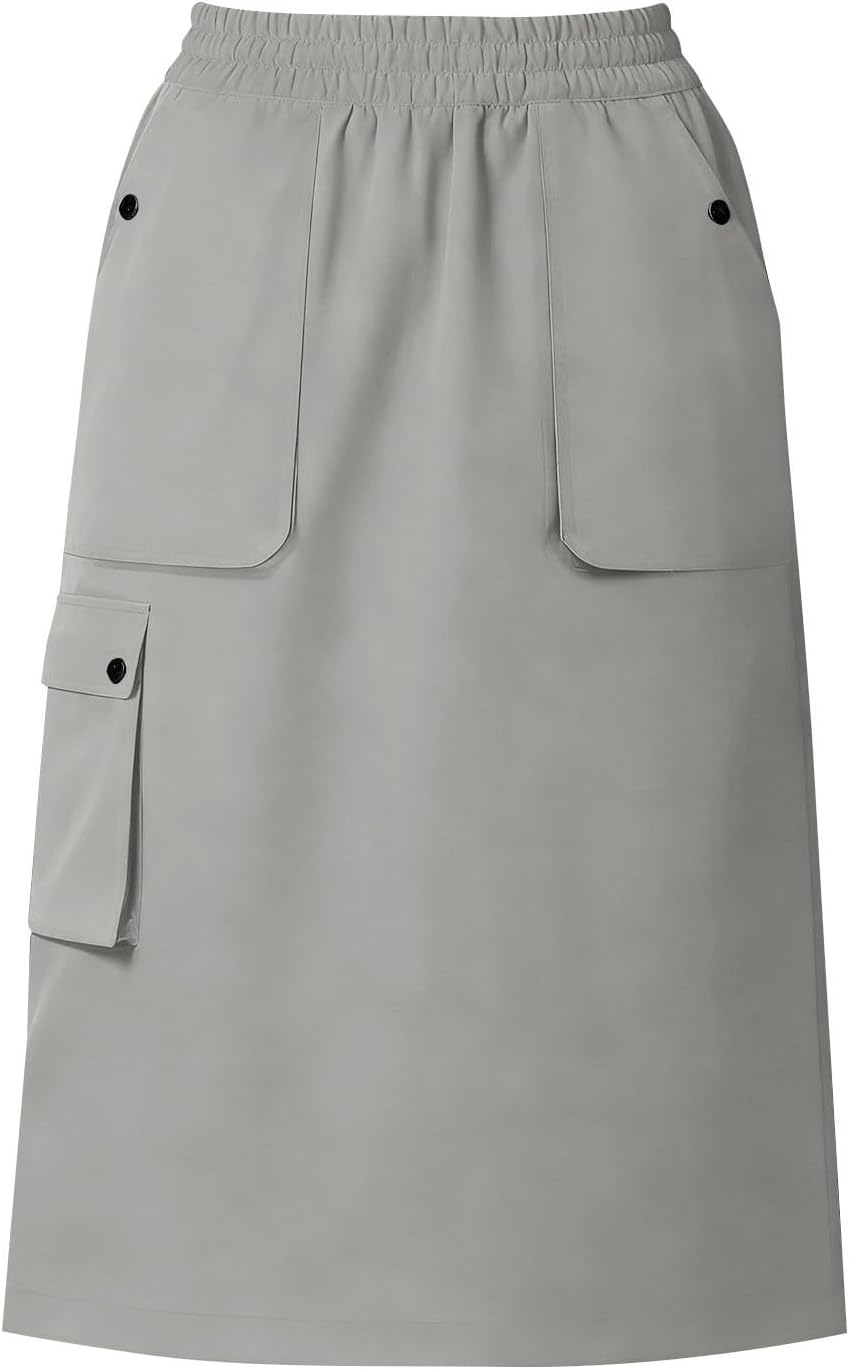 Women's Cargo Midi Skirt Elastic High Waist Utility Work Office Skirts with Multi-Pockets Loose A-Line Casual Outdoor