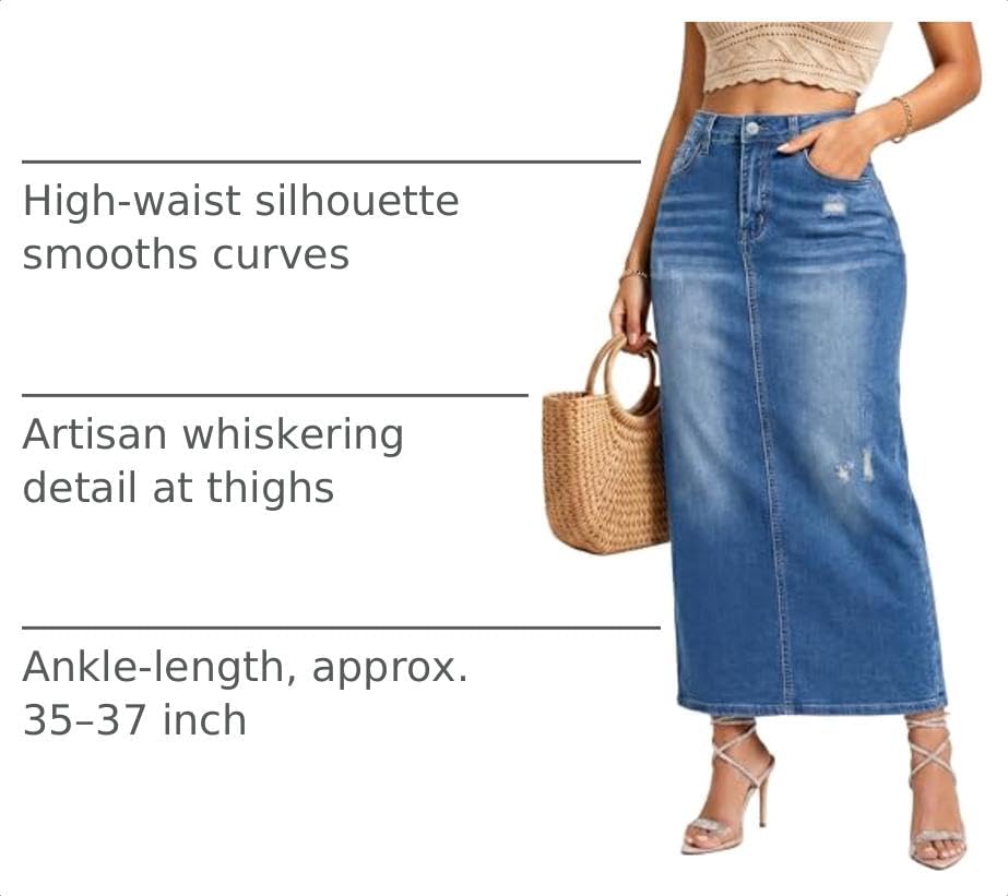 Women's High Waisted Long Denim Skirt with Back Slit Distressed Holes Stretch Whisker Wash