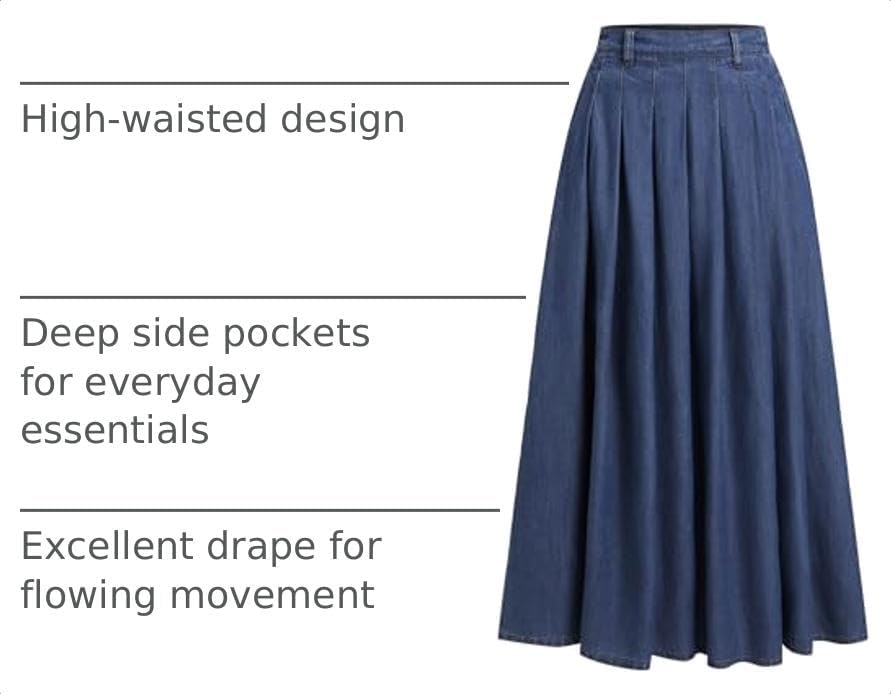 CIDER Womens Jean Skirts Long Denim Pleated A Line Skirt with Pockets