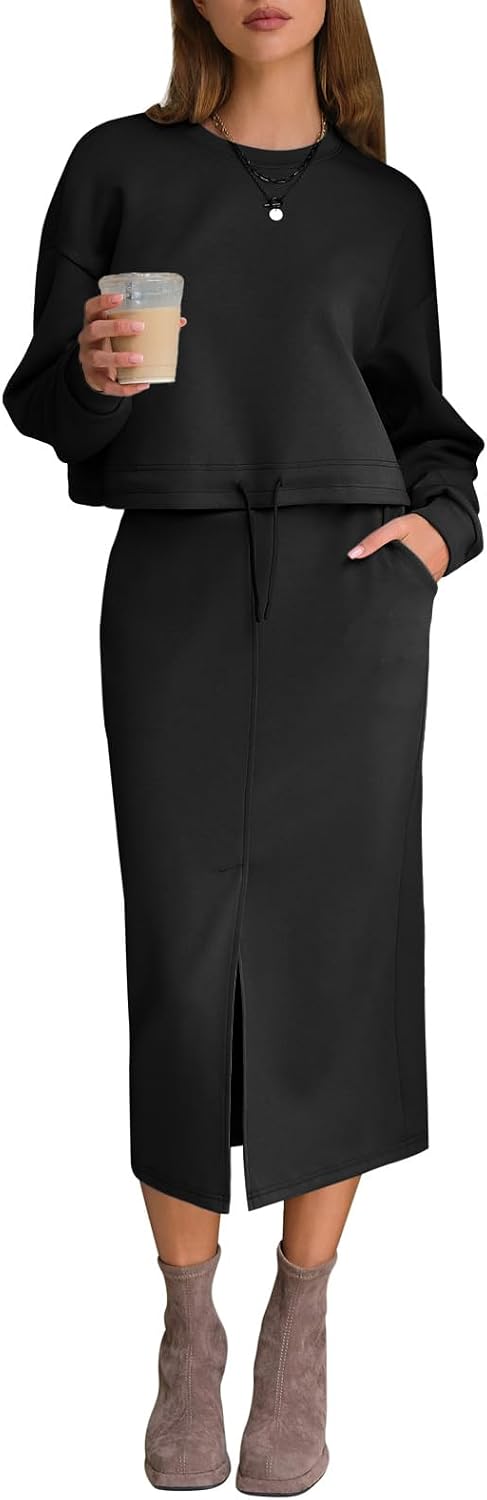 EXLURA Women Fall 2 Piece Skirts Set with Pockets Trendy Matching Outfit