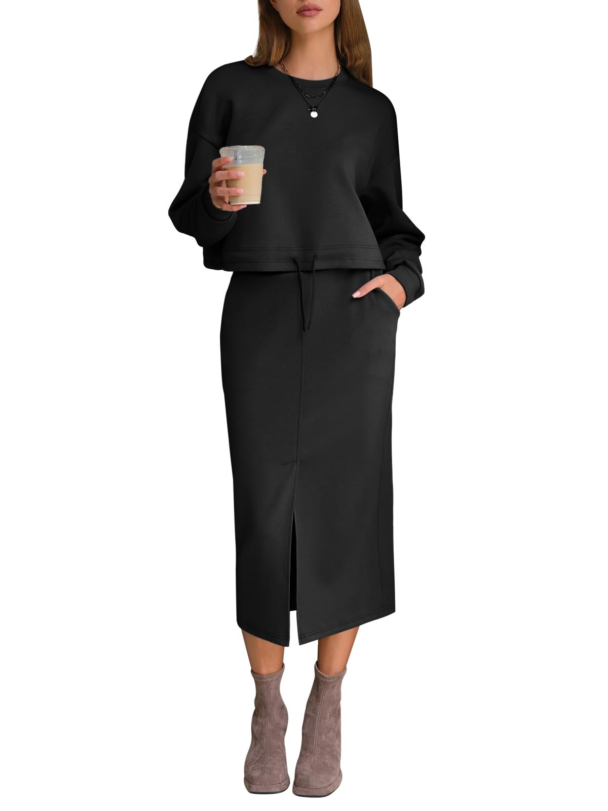 EXLURA Women Fall 2 Piece Skirts Set with Pockets Trendy Matching Outfit