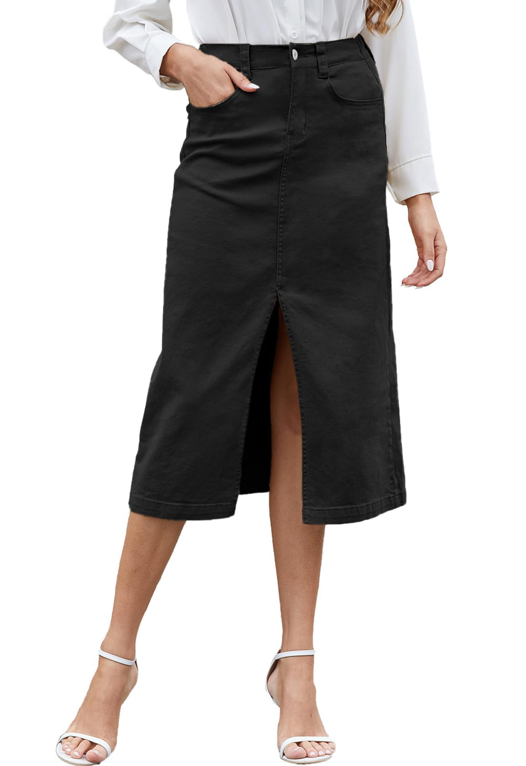 HERBATOMIA Women's Cargo Midi Skirt High Elastic Waist Front Slit Vintage Style Trendy Long Solid Skirts for Women