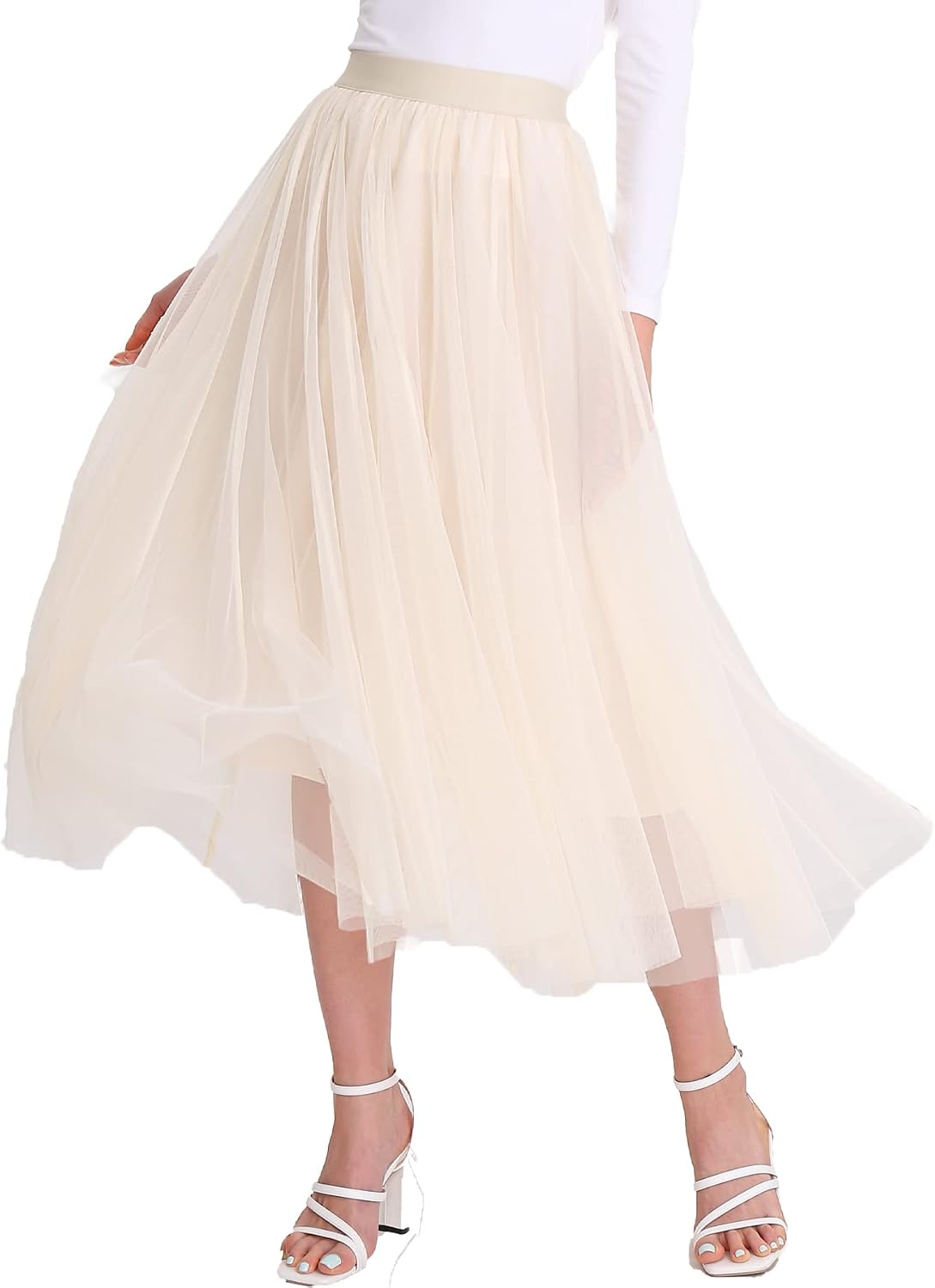 Women’s Tulle Skirts Midi Elastic High Waist Pleated Mesh Flowy A-Line Party Long Tutu Skirts…