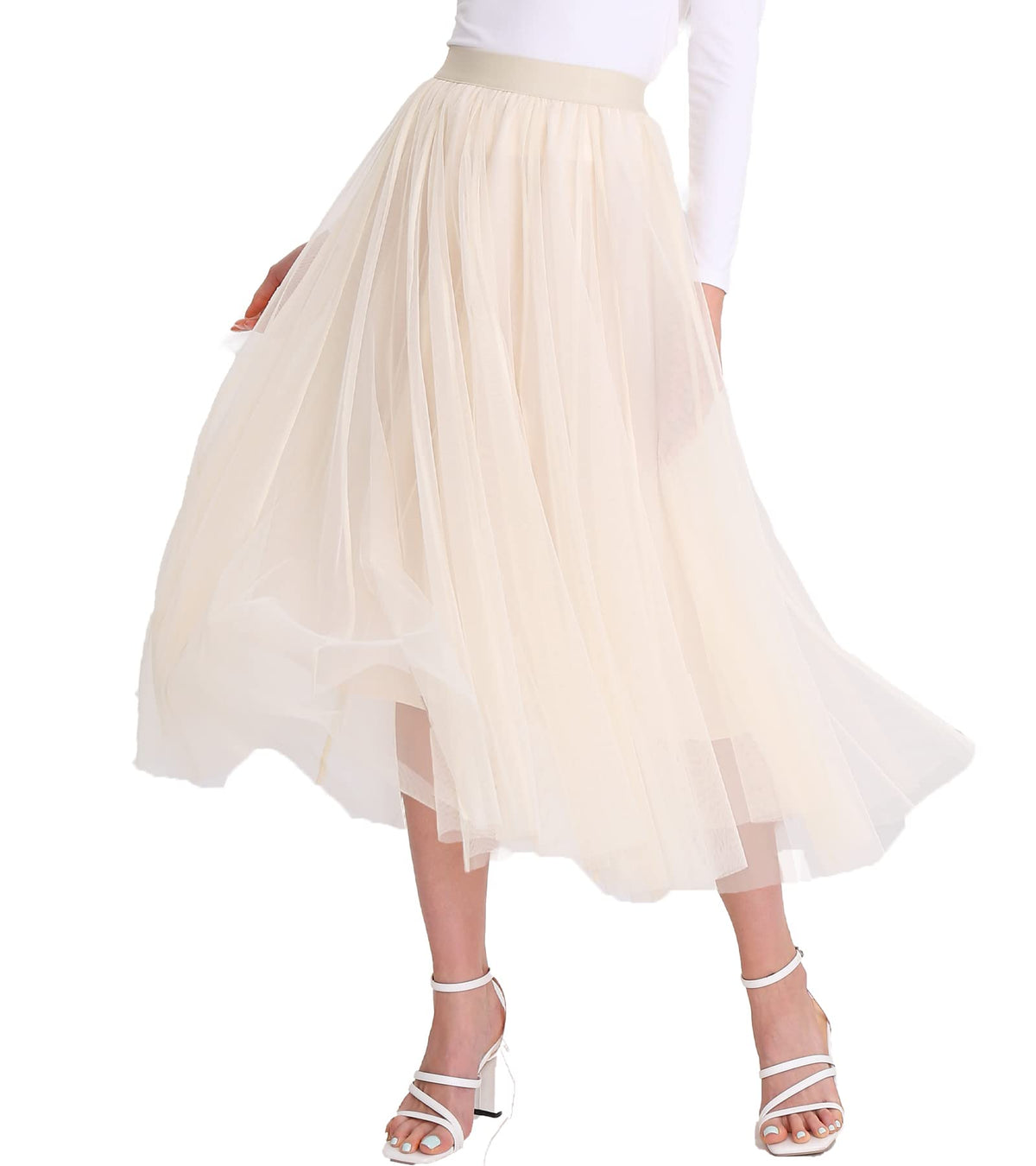 Women’s Tulle Skirts Midi Elastic High Waist Pleated Mesh Flowy A-Line Party Long Tutu Skirts…