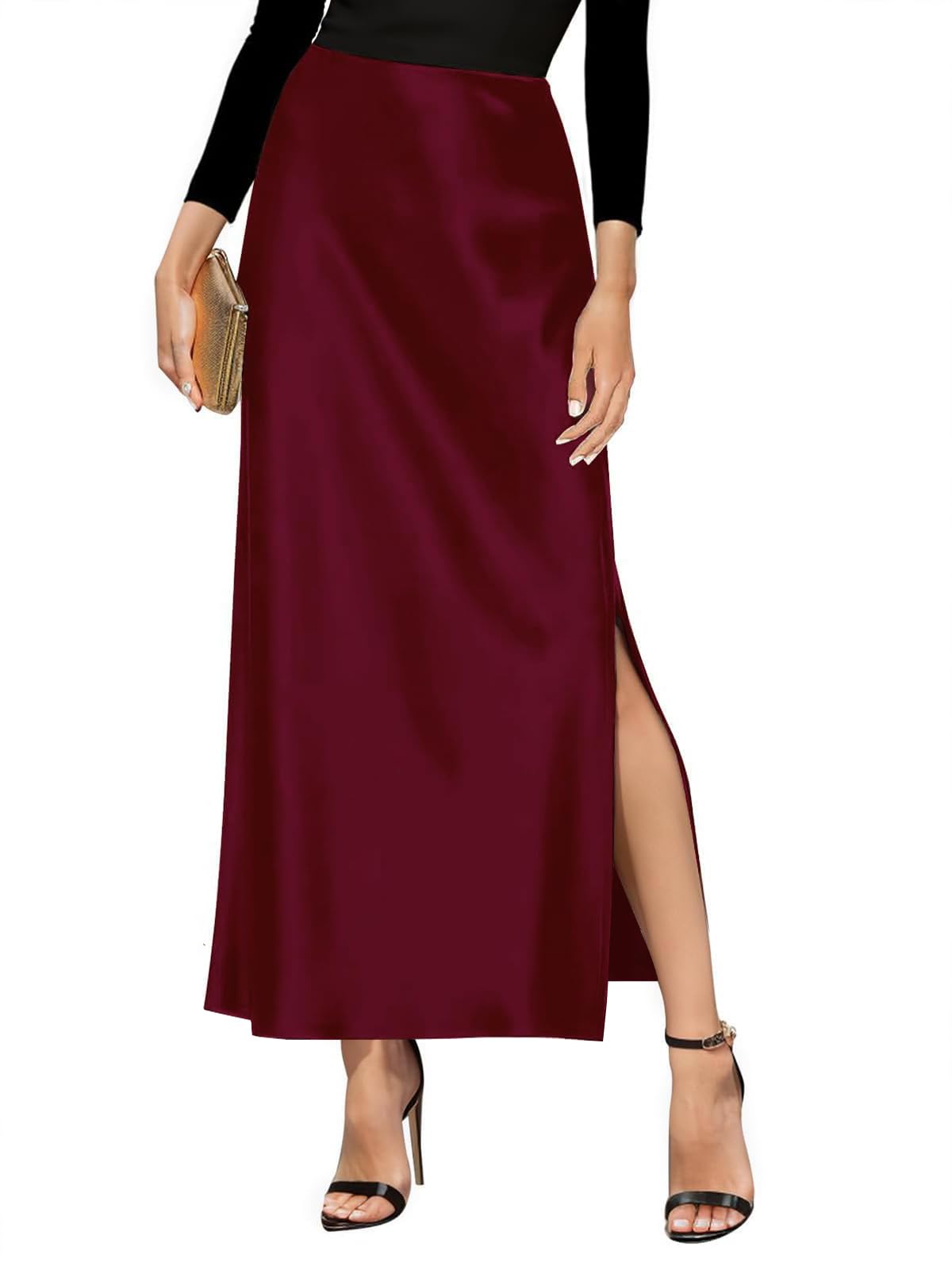Amy Babe Women's Satin High Waisted Side Split Maxi Skirt Long Silk Skirts