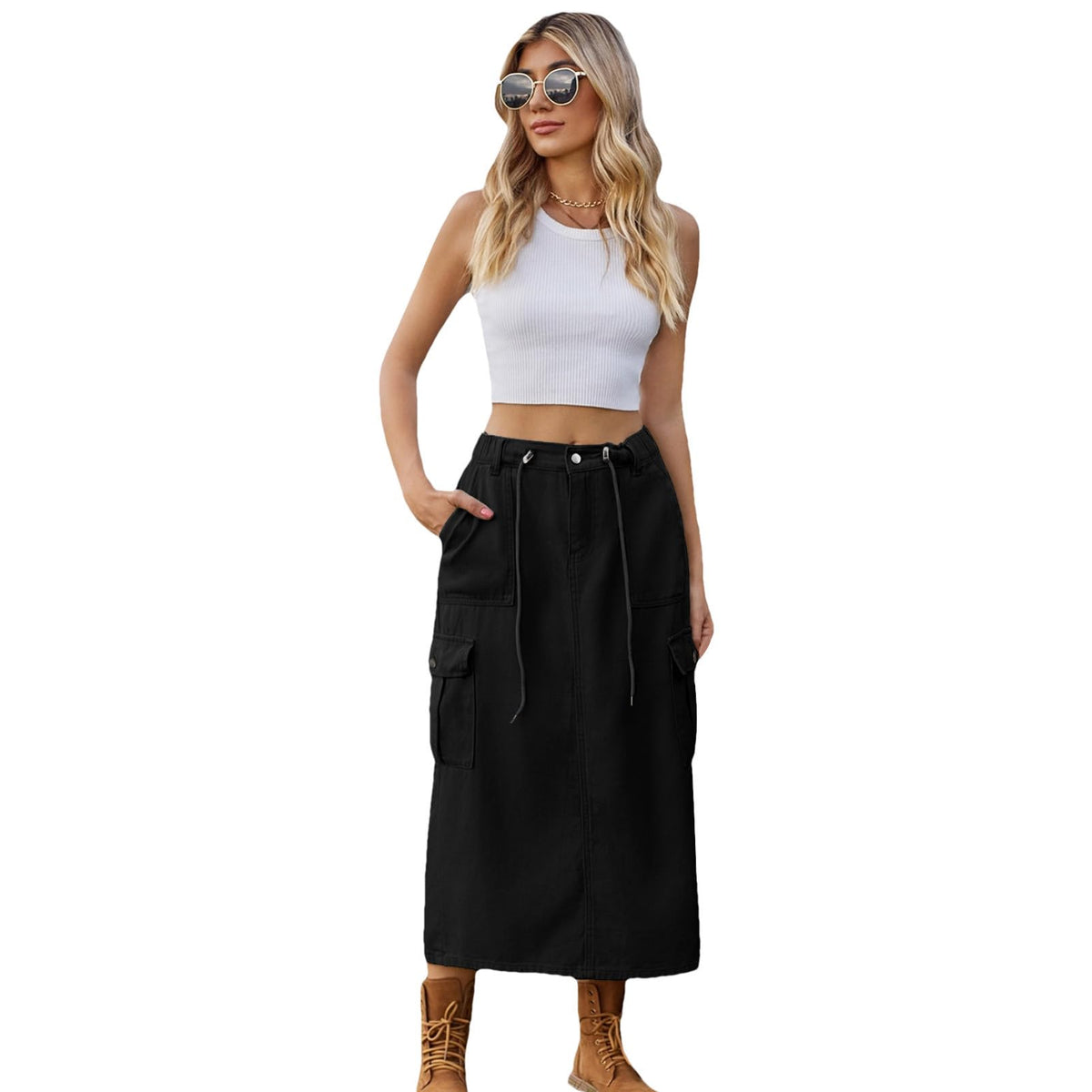 Long Denim Skirts for Women High Waist Back Split A-line Cargo Jean Skirt with Multipockets