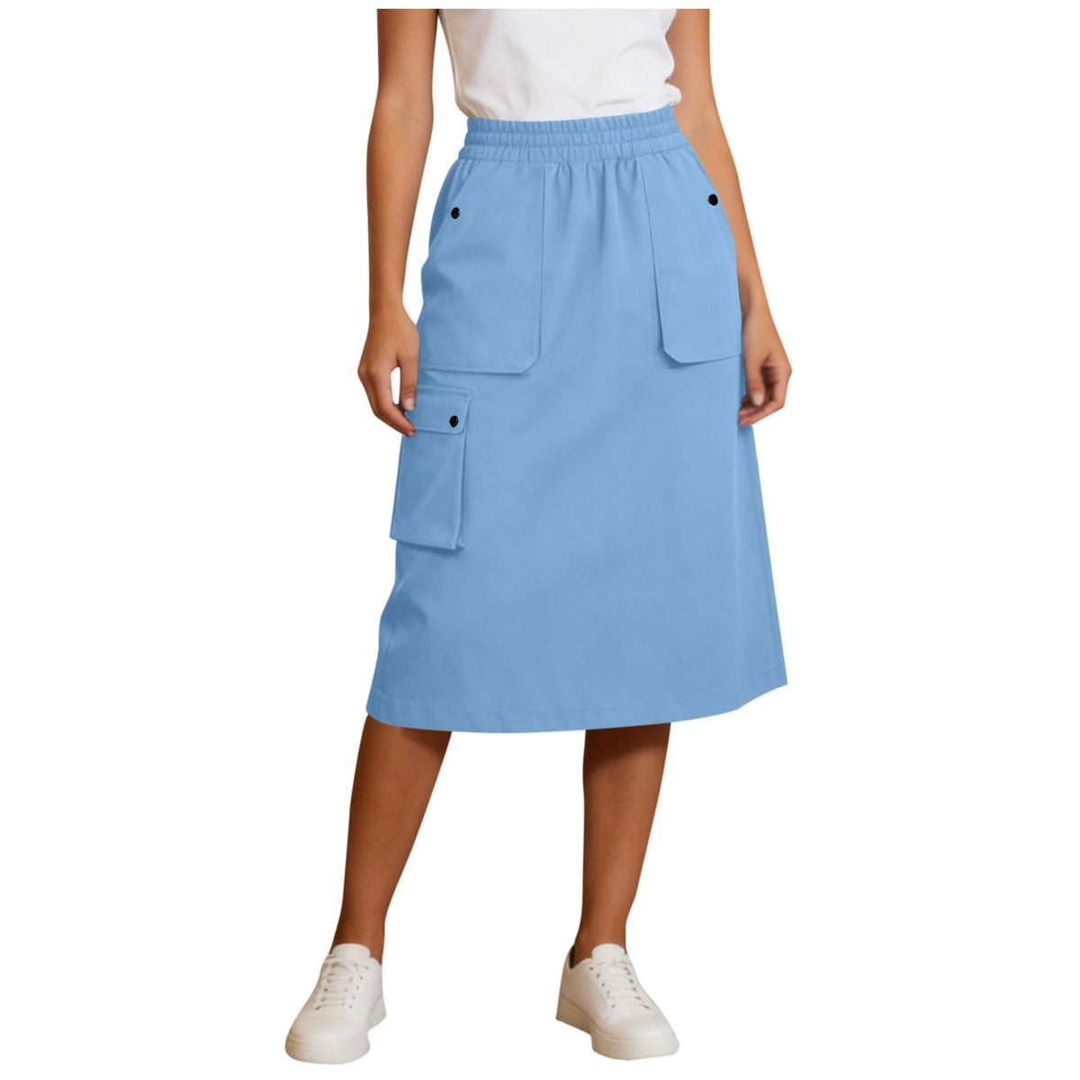 Women's Cargo Midi Skirt Elastic High Waist Utility Work Office Skirts with Multi-Pockets Loose A-Line Casual Outdoor