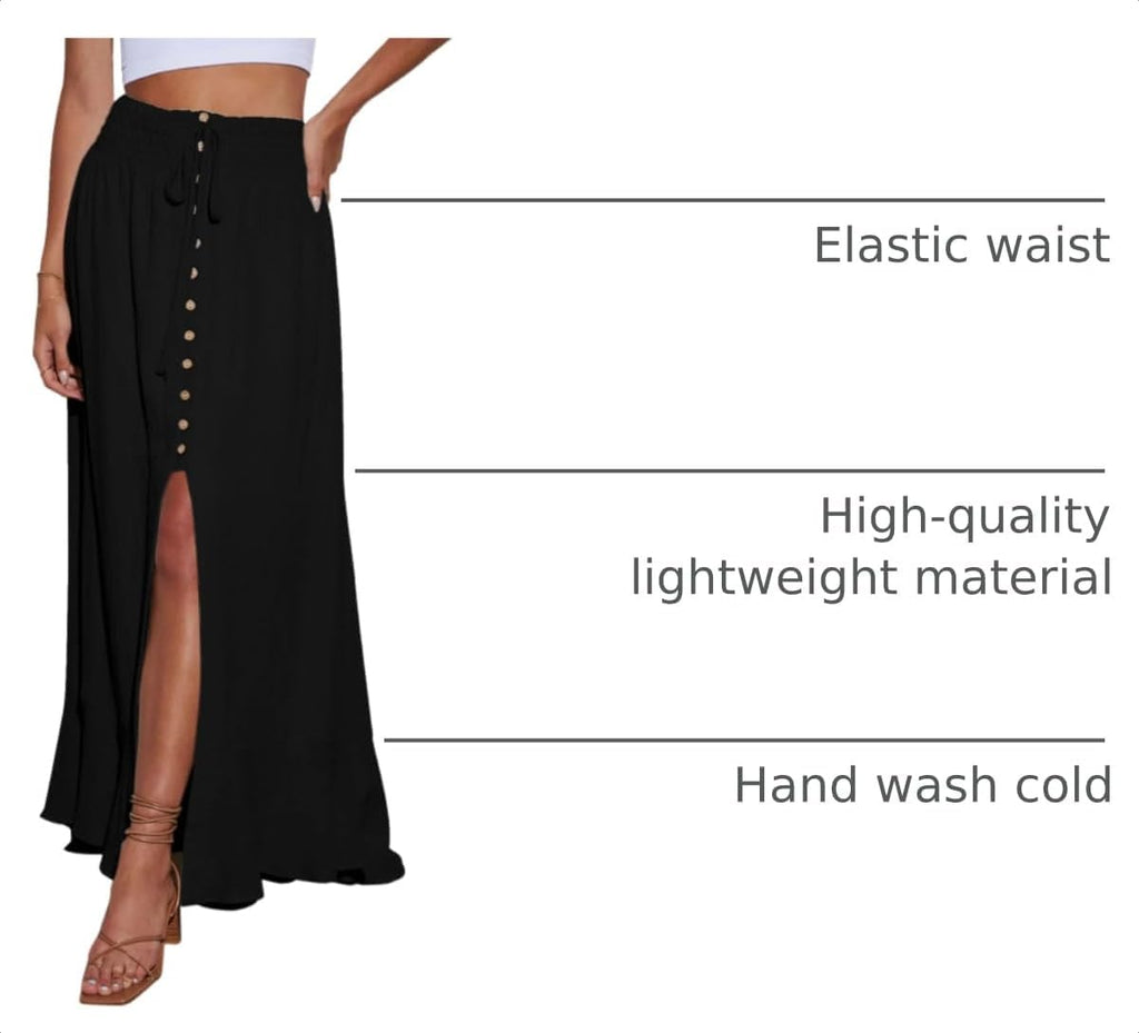 Minclouse Women's Elastic Tie Waist Button Down Maxi Skirts Casual Loose Flowy Swing Slit Front Dress