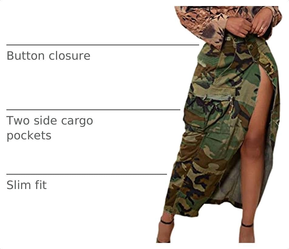 THLAI Women Midi Skirt Camo Cargo Skirt for Women Sexy High Split Skirt Maxi Skirts Novelty Skirts