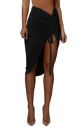 PRIMODA Women's Asymmetrical Bodycon Drawstring Ruched Midi Skirt with Thigh High Slit