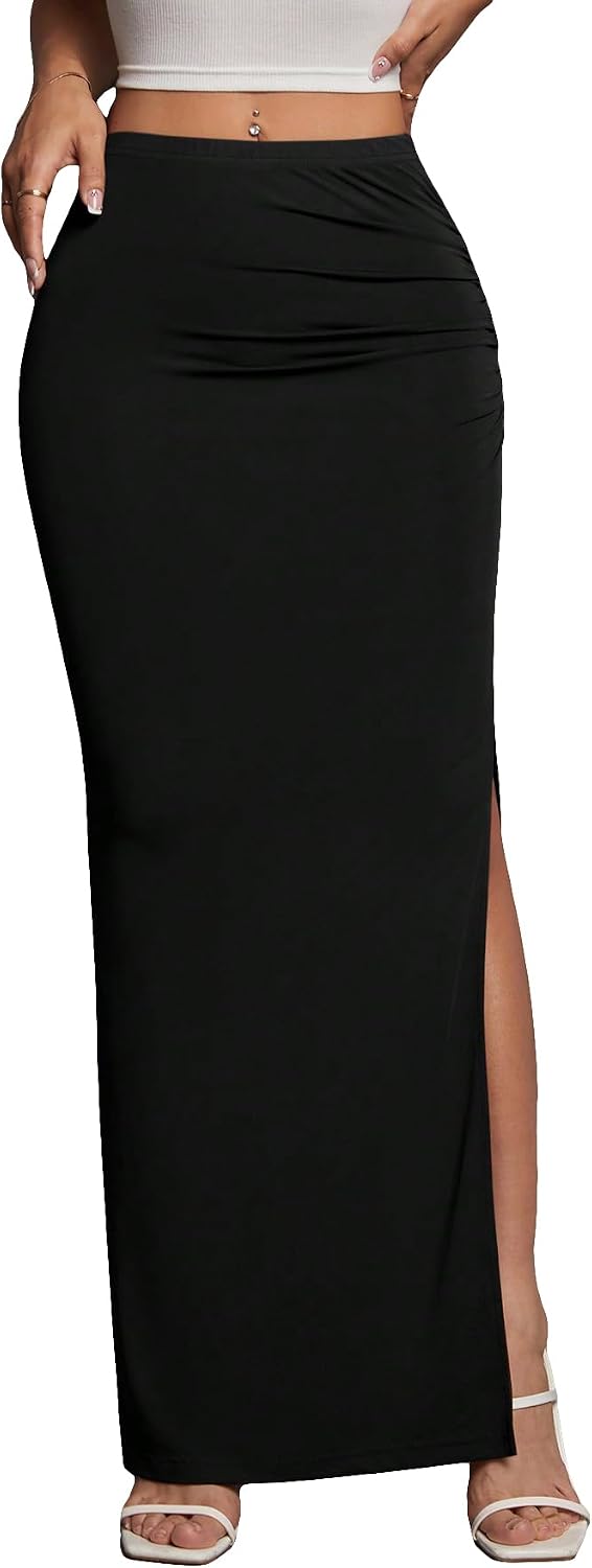 BEAUDRM Women's Sexy Maxi Skirt Side Split Thigh Bodycon Long Skirts