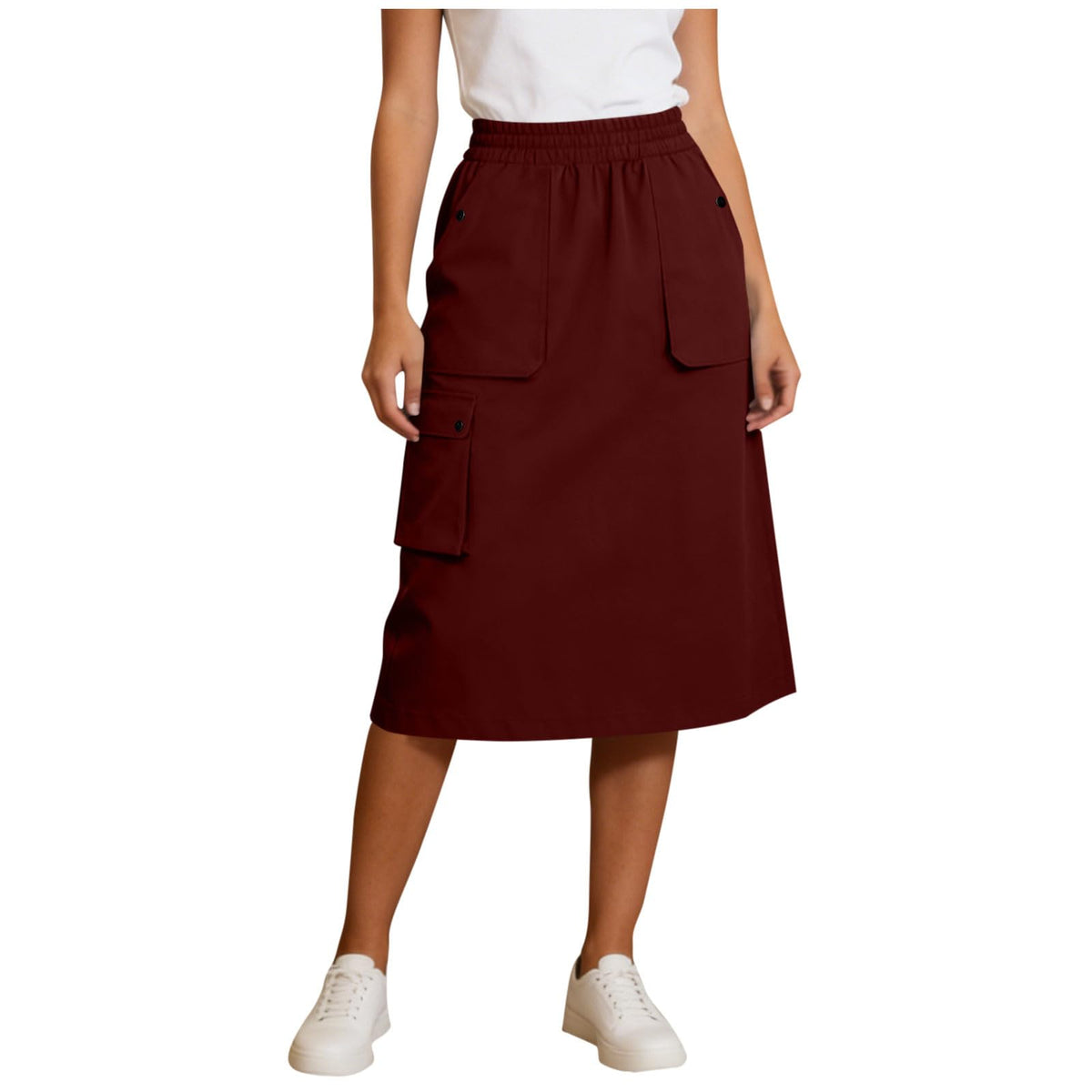 Women's Cargo Midi Skirt Elastic High Waist Utility Work Office Skirts with Multi-Pockets Loose A-Line Casual Outdoor