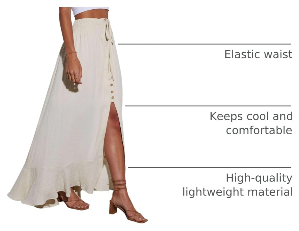 Minclouse Women's Elastic Tie Waist Button Down Maxi Skirts Casual Loose Flowy Swing Slit Front Dress