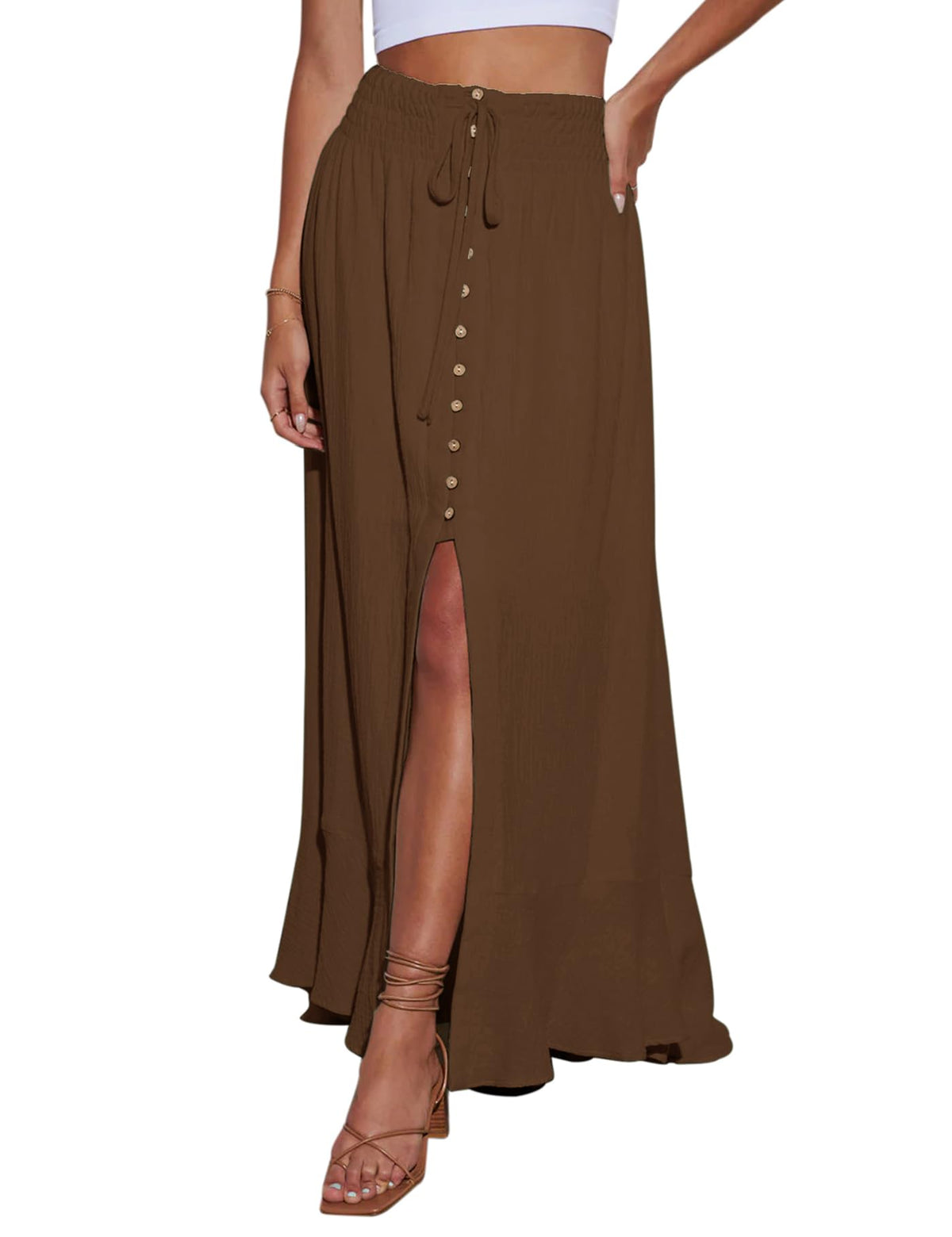 Minclouse Women's Elastic Tie Waist Button Down Maxi Skirts Casual Loose Flowy Swing Slit Front Dress