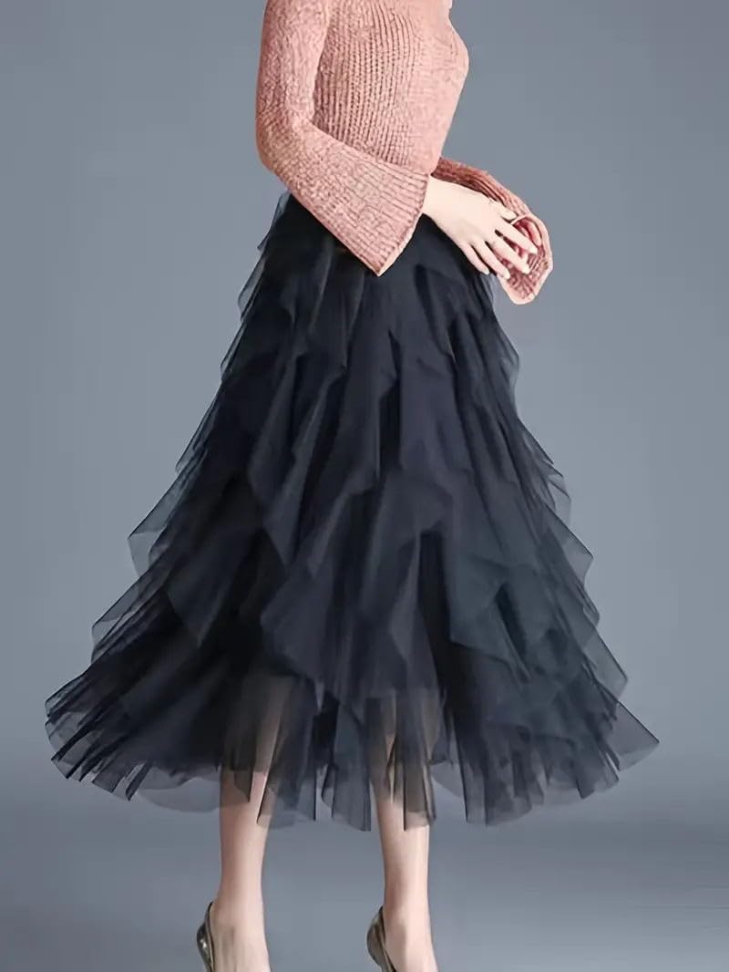 Womens One Size Skirt Mesh Layered Hem Fluffy Multilayer Tiered Puffy Ruffles Tulle (Midi Pink)