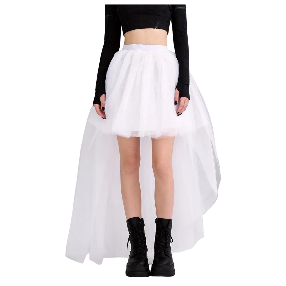 Women High Low Tutu Tulle Bustle Skirt Elastic Waist Dovetail Skirts for Wedding Party Performance