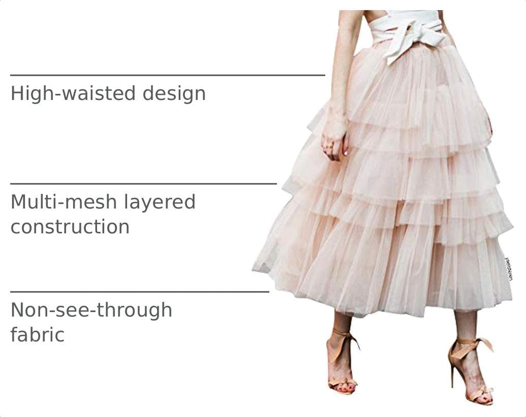 CHICWISH Women's Nude Pink/Black Tiered Layered Mesh Ballet Prom Party Tulle Tutu A-line Midi Skirt