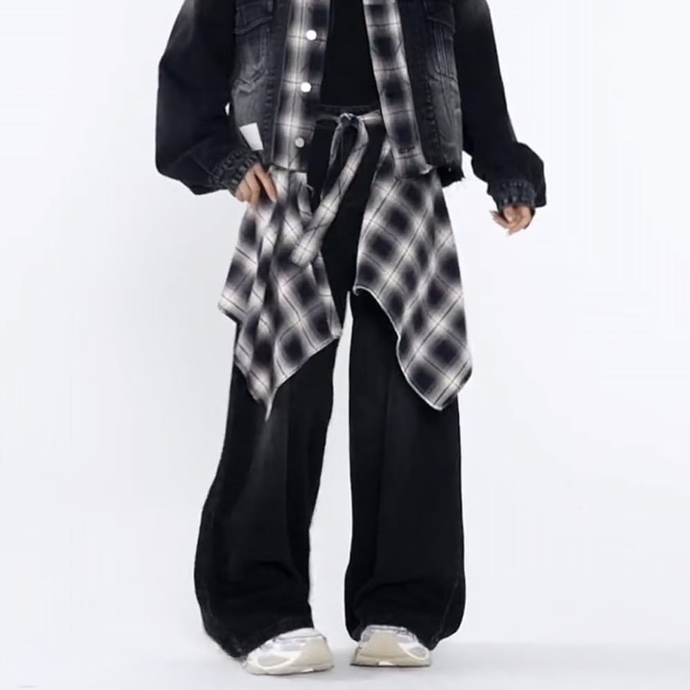 OULIGET Women's Grunge Mini Plaid Skirt,Hip-Hop One-Piece Tie Up Asymmetrical Skirt,Y2k Overlapping Jeans Decorate Skater