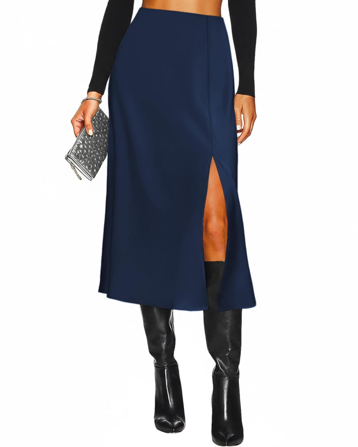 Women's Slit Satin Midi Skirt High Waisted Leopard Silk Long Skirts