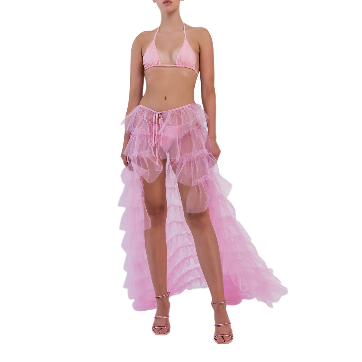 Women Y2k High Low Tulle Skirt Self-Tied Mesh Ruffle Layered See-Through Floor-Length Cocktail Prom Party Skirt
