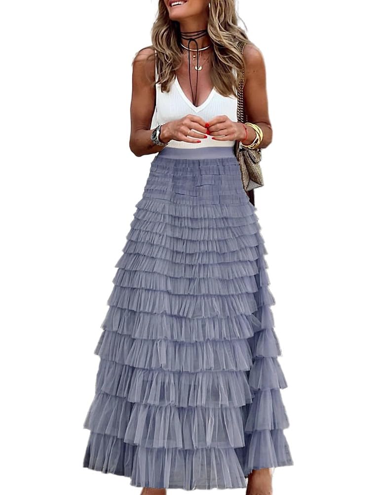Long Tulle Skirt for Women Trendy High Waisted A Line Fluffy Fairy Mesh Layered Ruffle Skirt