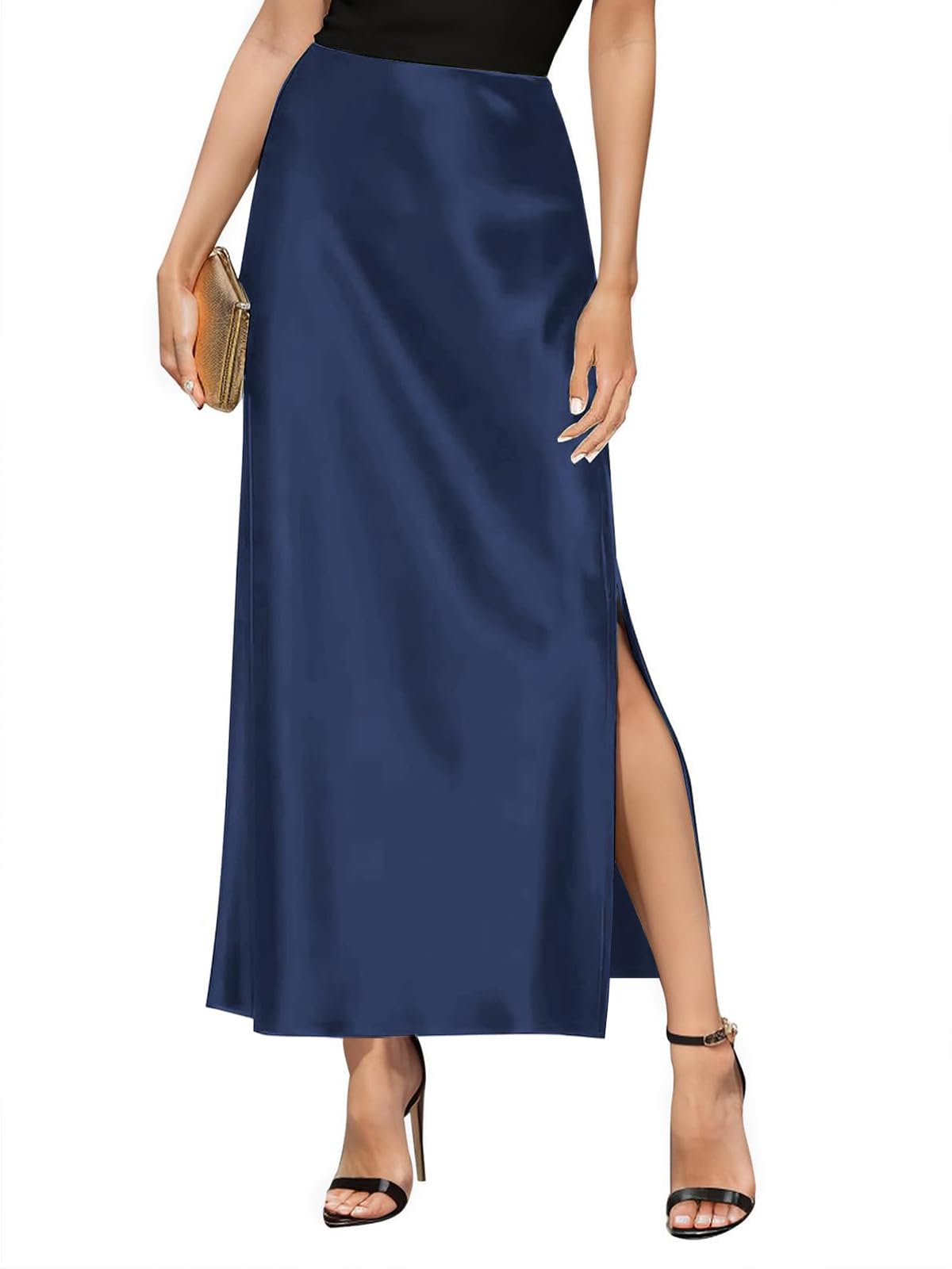Amy Babe Women's Satin High Waisted Side Split Maxi Skirt Long Silk Skirts