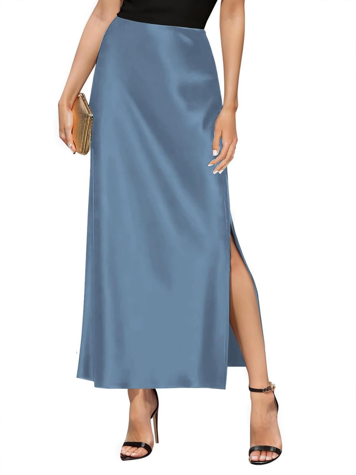 Amy Babe Women's Satin High Waisted Side Split Maxi Skirt Long Silk Skirts
