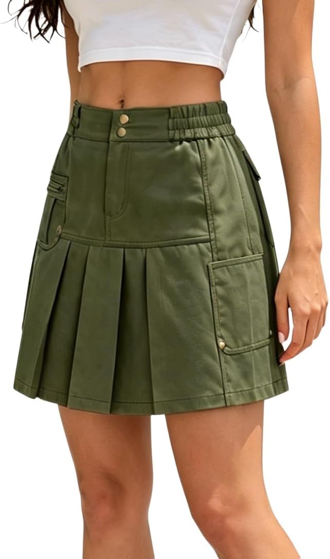 Ladyful Cargo Pleated Mini Skirt for Women Elastic Waist Short Skirt