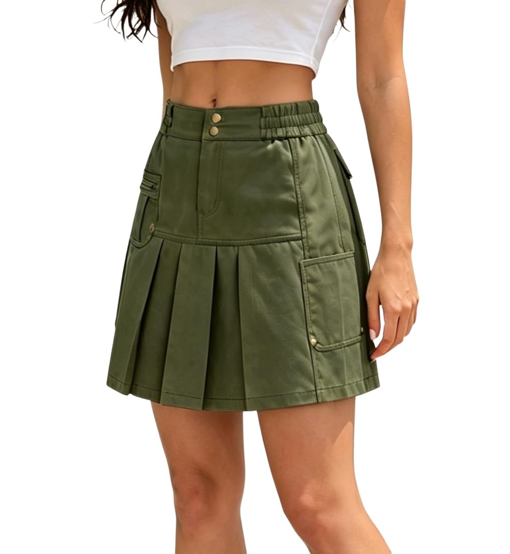Ladyful Cargo Pleated Mini Skirt for Women Elastic Waist Short Skirt