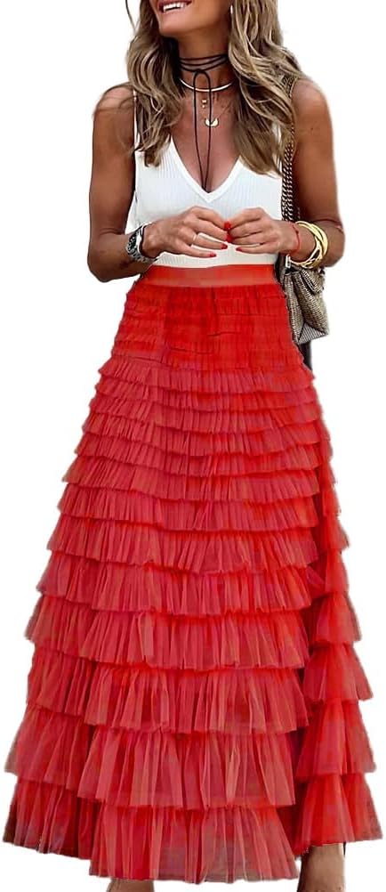 Long Tulle Skirt for Women Trendy High Waisted A Line Fluffy Fairy Mesh Layered Ruffle Skirt