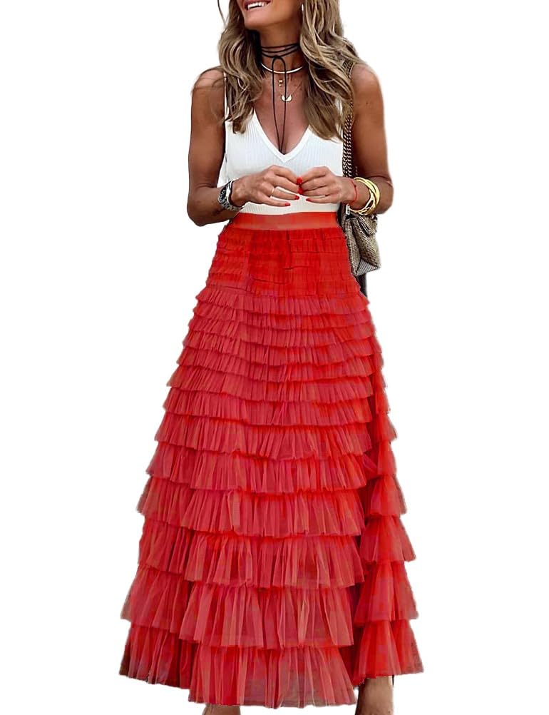 Long Tulle Skirt for Women Trendy High Waisted A Line Fluffy Fairy Mesh Layered Ruffle Skirt