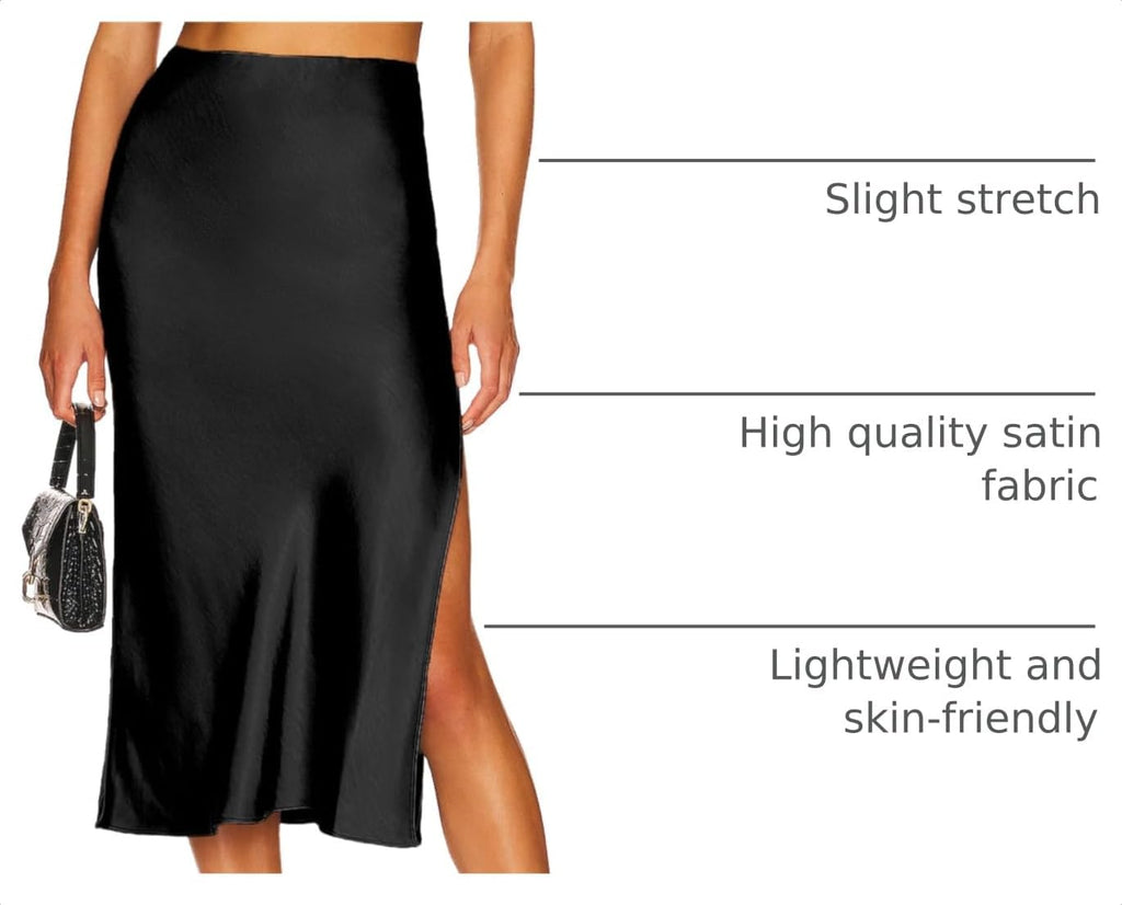 Womens Satin Silk High Waist Slit Midi Skirt Elastic Waistband Midi Skirts for Women