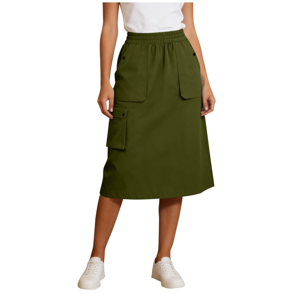 Women's Cargo Midi Skirt Elastic High Waist Utility Work Office Skirts with Multi-Pockets Loose A-Line Casual Outdoor
