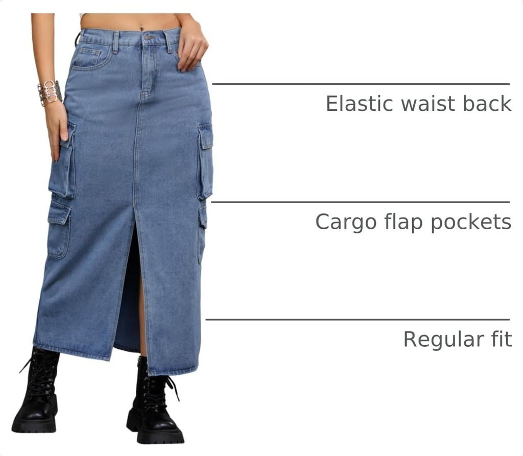 Women's Cargo Long Denim Skirt with Slit