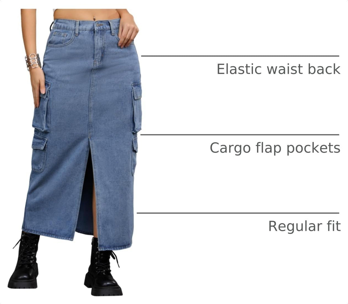 Women's Cargo Long Denim Skirt with Slit