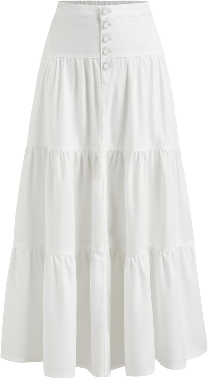 CIDER Womens Long Jean Denim Tiered Button Down High Waist Maxi Skirts